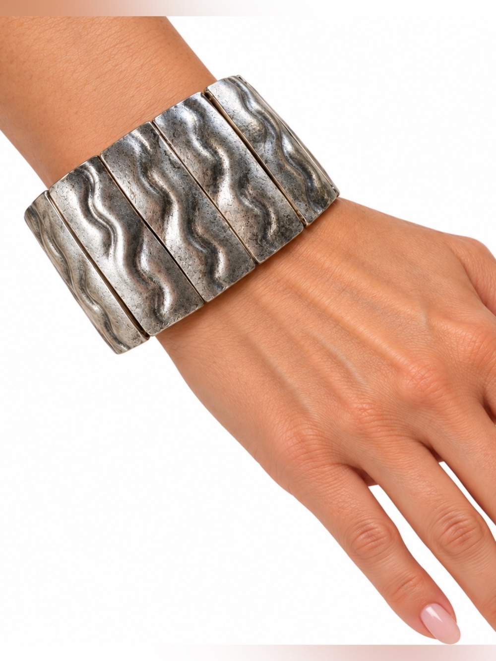 Vintage Silver Wave Pattern Stretch Bracelet 2” wide